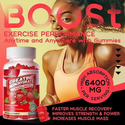 Creatine Monohydrate Gummies Complex for Men & Women -Advanced Formula W/L-Taurine + Vitamin B12, Sugar Free Chewable Supplement,90 Strawberry Gummies in Kuwait