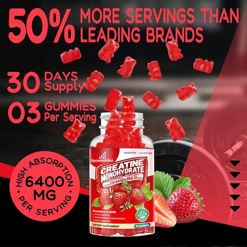 Creatine Monohydrate Gummies Complex for Men & Women -Advanced Formula W/L-Taurine + Vitamin B12, Sugar Free Chewable Supplement,90 Strawberry Gummies in Kuwait