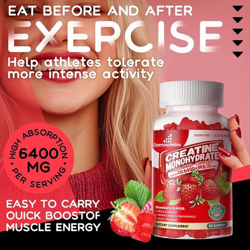 Creatine Monohydrate Gummies Complex for Men & Women -Advanced Formula W/L-Taurine + Vitamin B12, Sugar Free Chewable Supplement,90 Strawberry Gummies in Kuwait