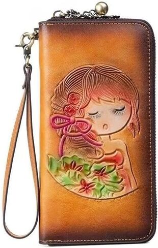 Women's Handmade Leather Wallet, Anti-Theft Scan Blocking, Cartoon Girl Embossed 、 Goldfish Printed, Phone Pocket, Detachable Wrist Strap, Portable Clutch Wallet (Vintage coffee color) in Kuwait