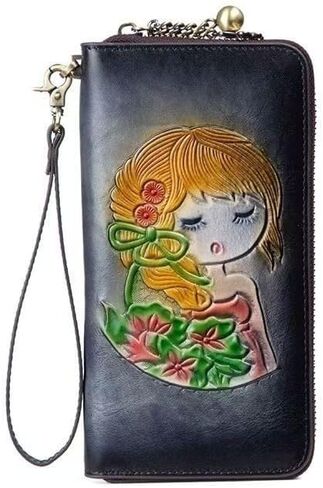 Women's Handmade Leather Wallet, Anti-Theft Scan Blocking, Cartoon Girl Embossed 、 Goldfish Printed, Phone Pocket, Detachable Wrist Strap, Portable Clutch Wallet (Vintage coffee color) in Kuwait