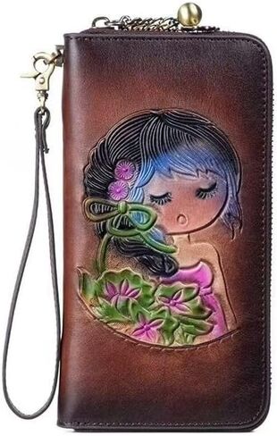 Women's Handmade Leather Wallet, Anti-Theft Scan Blocking, Cartoon Girl Embossed 、 Goldfish Printed, Phone Pocket, Detachable Wrist Strap, Portable Clutch Wallet (Vintage coffee color) in Kuwait