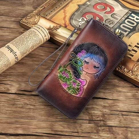 Women's Handmade Leather Wallet, Anti-Theft Scan Blocking, Cartoon Girl Embossed 、 Goldfish Printed, Phone Pocket, Detachable Wrist Strap, Portable Clutch Wallet (Vintage coffee color) in Kuwait