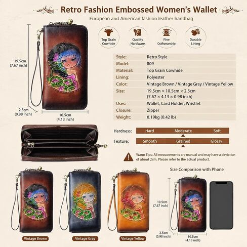 Women's Handmade Leather Wallet, Anti-Theft Scan Blocking, Cartoon Girl Embossed 、 Goldfish Printed, Phone Pocket, Detachable Wrist Strap, Portable Clutch Wallet (Vintage coffee color) in Kuwait