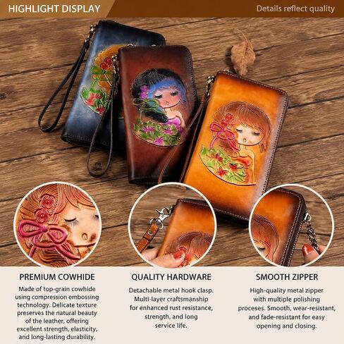 Women's Handmade Leather Wallet, Anti-Theft Scan Blocking, Cartoon Girl Embossed 、 Goldfish Printed, Phone Pocket, Detachable Wrist Strap, Portable Clutch Wallet (Vintage coffee color) in Kuwait
