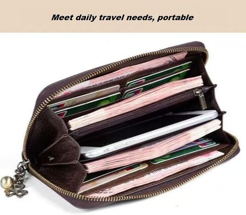 Women's Handmade Leather Wallet, Anti-Theft Scan Blocking, Cartoon Girl Embossed 、 Goldfish Printed, Phone Pocket, Detachable Wrist Strap, Portable Clutch Wallet (Vintage coffee color) in Kuwait