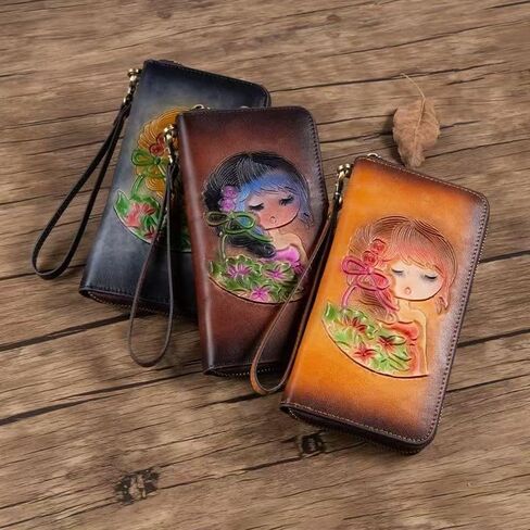 Women's Handmade Leather Wallet, Anti-Theft Scan Blocking, Cartoon Girl Embossed 、 Goldfish Printed, Phone Pocket, Detachable Wrist Strap, Portable Clutch Wallet (Vintage coffee color) in Kuwait