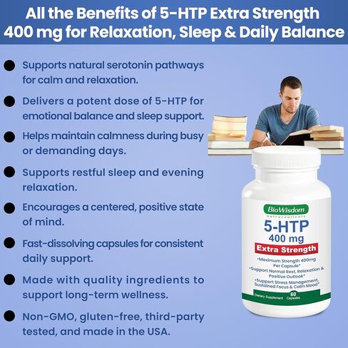 5htp 400mg Capsules Per Vegetarian Pill Extra-Strength Max Dose 5 htp Supplement. Sleep, Positive Outlook, Calmness, Cognition. 1 Pill is 400mg 5-htp Supplement and 2 Pills is 800mg htp5 in Saudi Arabia