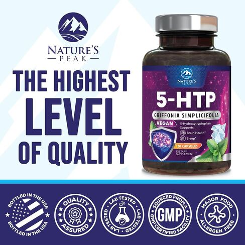 مكمل 5-HTP - قوة إضافية 5HTP (5-هيدروكسيتريبتوفان) جريفونيا سيمبليسيفوليا 200 مجم لكل وجبة - 5HTP يدعم النوم المريح والهدوء الطبيعي وصحة الدماغ - معبأة في زجاجات في الولايات المتحدة الأمريكية - 120 كبسولة in Kuwait