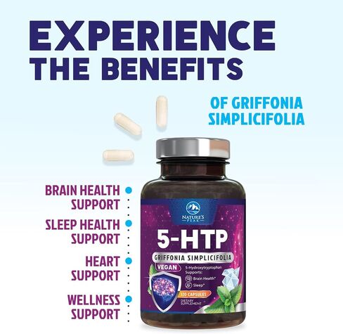 مكمل 5-HTP - قوة إضافية 5HTP (5-هيدروكسيتريبتوفان) جريفونيا سيمبليسيفوليا 200 مجم لكل وجبة - 5HTP يدعم النوم المريح والهدوء الطبيعي وصحة الدماغ - معبأة في زجاجات في الولايات المتحدة الأمريكية - 120 كبسولة in Kuwait