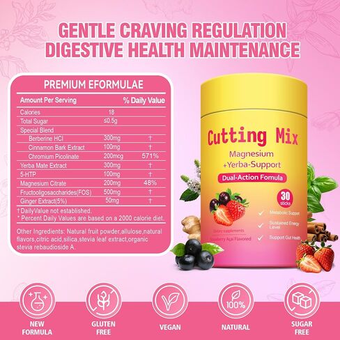 Cutting Drink Mix – Supports Satiety Signaling, Gut Health & Energy with Berberine, Chromium, FOS, Yerba Mate & 5-HTP | Sugar-Free, Vegan, Non-GMO | Strawberry Açaí – 30 Servings in Saudi Arabia