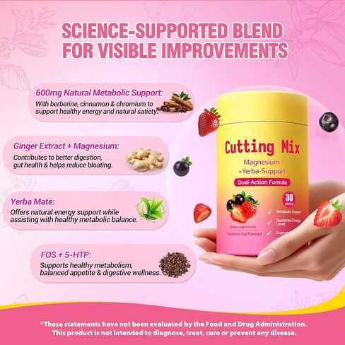 Cutting Drink Mix – Supports Satiety Signaling, Gut Health & Energy with Berberine, Chromium, FOS, Yerba Mate & 5-HTP | Sugar-Free, Vegan, Non-GMO | Strawberry Açaí – 30 Servings in Saudi Arabia