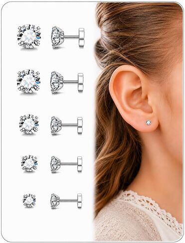 Flat Back Earrings for Girls, 5 Pairs Hypoallergenic 316L Surgical Steel CZ Stud Earrings for Sensitive Ears, 20G Screw Back Sleep Earrings for Toddlers & Kids, 2-6mm in Kuwait