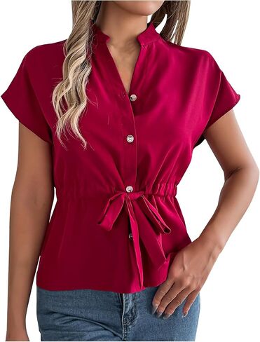Women Business Casual Shirts Button Down Tie Front Short Sleeves Blouses Dressy Loose Fit Peplum Summer Tunic Tops in Kuwait