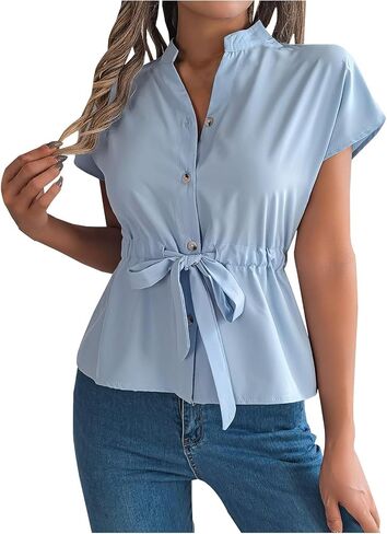 Women Business Casual Shirts Button Down Tie Front Short Sleeves Blouses Dressy Loose Fit Peplum Summer Tunic Tops in Kuwait