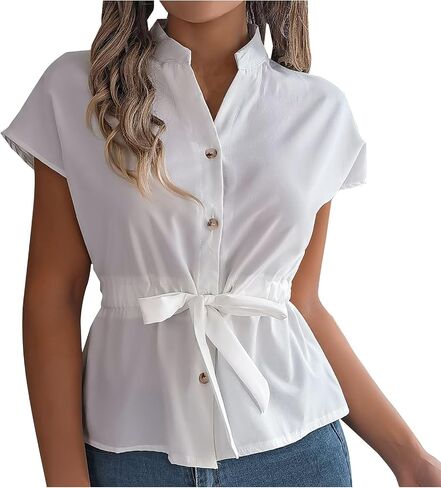 Women Business Casual Shirts Button Down Tie Front Short Sleeves Blouses Dressy Loose Fit Peplum Summer Tunic Tops in Kuwait