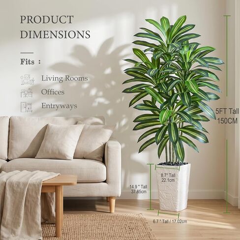 Artificial Dracaena Tree 5FT - Fake Tree with White Tall Planter - Artificial Plant for Living Room Indoor, Tall Faux Yucca Potted Tree for Home Office Decor in Kuwait