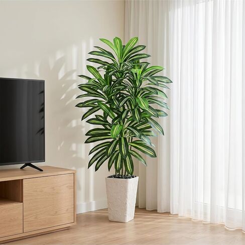 شجرة Dracaena الاصطناعية بطول 5 أقدام - شجرة وهمية مع زارع أبيض طويل القامة - نبات صناعي لغرفة المعيشة في الداخل، شجرة يوكا صناعية طويلة بوعاء لديكور المنزل والمكتب in Saudi Arabia