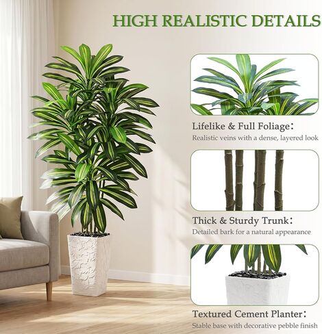 Artificial Dracaena Tree 5FT - Fake Tree with White Tall Planter - Artificial Plant for Living Room Indoor, Tall Faux Yucca Potted Tree for Home Office Decor in Kuwait