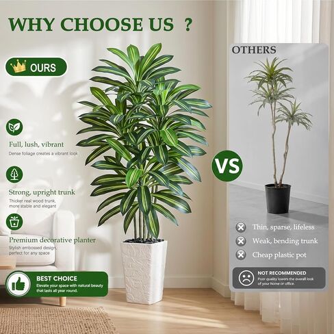Artificial Dracaena Tree 5FT - Fake Tree with White Tall Planter - Artificial Plant for Living Room Indoor, Tall Faux Yucca Potted Tree for Home Office Decor in Kuwait