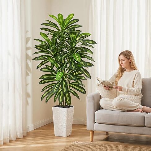 Artificial Dracaena Tree 5FT - Fake Tree with White Tall Planter - Artificial Plant for Living Room Indoor, Tall Faux Yucca Potted Tree for Home Office Decor in Kuwait