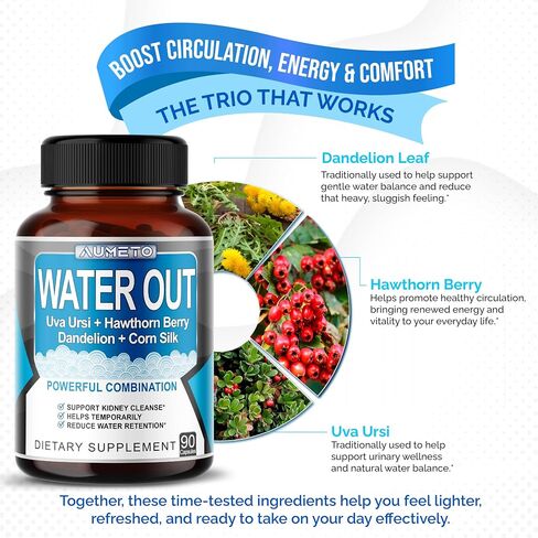 Ultra Natural Water Out Pills with Uva Ursi Hawthorn Berry Dandelion Corn Silk - Full Body Cleanse and Kidney & Stomach Support (90 Count (Pack of 1)) in Saudi Arabia