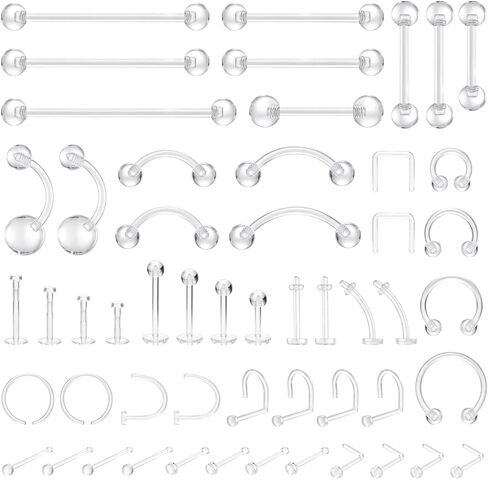 intera 53pcs Clear Piercing Retainers for Surgery Work Bioflex Plastic Nose Rings Earrings Septum Retainer Clear Piercings for Belly Rings Eyebrow Lip Cartilage Tragus Industrial Bar in Saudi Arabia