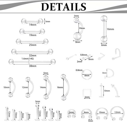 intera 53pcs Clear Piercing Retainers for Surgery Work Bioflex Plastic Nose Rings Earrings Septum Retainer Clear Piercings for Belly Rings Eyebrow Lip Cartilage Tragus Industrial Bar in Saudi Arabia
