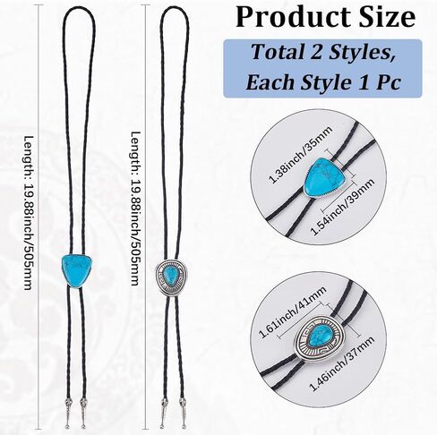 gorgecraft 2pcs الفيروز بولو التعادل 40 بوصه رعاة البقر الغربية ربطه عنق حبل الحبل قلادة الاصطناعية الفيروز الامريكيه الامريكيه قلادة زي الملحقات للرجال النساء هالوين العتيقة الفضة السوداء in Kuwait