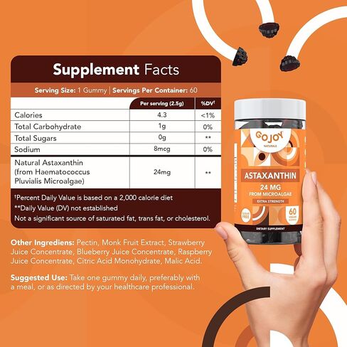 GOJOY NATURALS Astaxanthin Gummies 24mg – High Potency Antioxidant Supplement – Skin, Eye & Immune Wellness Support – Vegan, Sugar-Free, Non-GMO, Gluten-Free, Soy-Free – 60 Gummies in Saudi Arabia