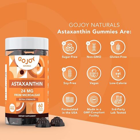 GOJOY NATURALS Astaxanthin Gummies 24mg – High Potency Antioxidant Supplement – Skin, Eye & Immune Wellness Support – Vegan, Sugar-Free, Non-GMO, Gluten-Free, Soy-Free – 60 Gummies in Saudi Arabia