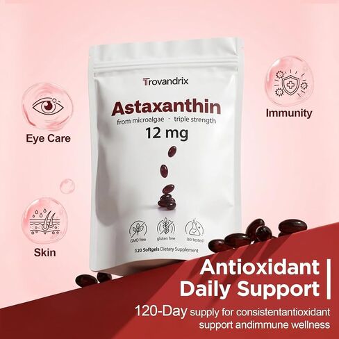 Astaxanthin 12mg with MCT Oil - 120 Softgels, 4 Month Supply, Astaxanthin Supplements Antioxidant Support for Eye, Immune & Skin Health, Non-GMO in Kuwait