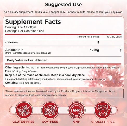 Astaxanthin 12mg with MCT Oil - 120 Softgels, 4 Month Supply, Astaxanthin Supplements Antioxidant Support for Eye, Immune & Skin Health, Non-GMO in Kuwait