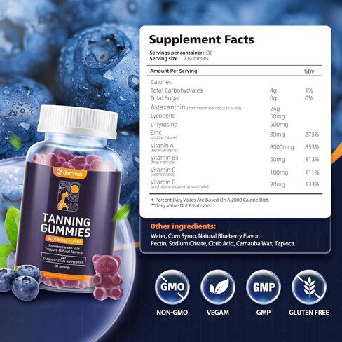 Tanning Gummies - Self Tan Bronzing Supplement that Work Without Sun - No Sugar Vegan with Astaxanthin Lycopene Beta Carotene and Vitamins-60 Count in Saudi Arabia