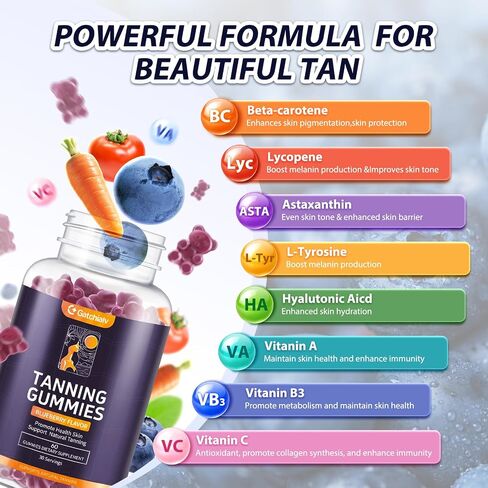 Tanning Gummies - Self Tan Bronzing Supplement that Work Without Sun - No Sugar Vegan with Astaxanthin Lycopene Beta Carotene and Vitamins-60 Count in Saudi Arabia