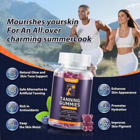 Tanning Gummies - Self Tan Bronzing Supplement that Work Without Sun - No Sugar Vegan with Astaxanthin Lycopene Beta Carotene and Vitamins-60 Count in Saudi Arabia