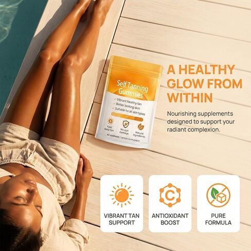 Tanning Gummies, Sunless Tanning Supplement with Astaxanthin, Beta-Carotene, Vitamin C, Turmeric + Mango Extract | Nourishes Skin & Improves Sleep | Vegan & Sugar Free - 60 Count in Saudi Arabia