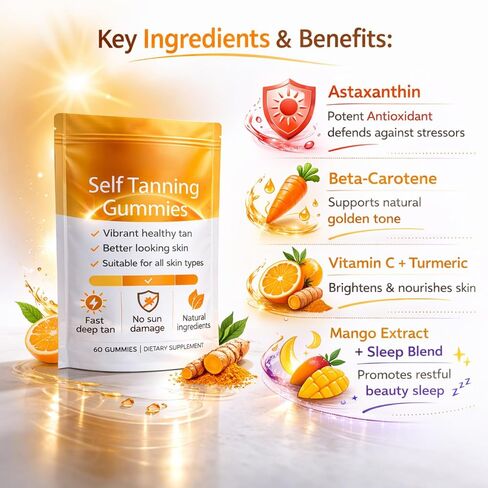 Tanning Gummies, Sunless Tanning Supplement with Astaxanthin, Beta-Carotene, Vitamin C, Turmeric + Mango Extract | Nourishes Skin & Improves Sleep | Vegan & Sugar Free - 60 Count in Saudi Arabia