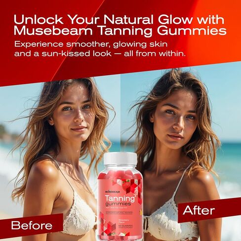 musebeam Tanning Gummies for Women - Daily Self Tan Chews that Work Fast Without Sun - Sunless Tan Skin Health Glow Up Sugar Free Vegan Oral Melanin Supplement with Beta Carotene Astaxanthin Lycopene in Saudi Arabia