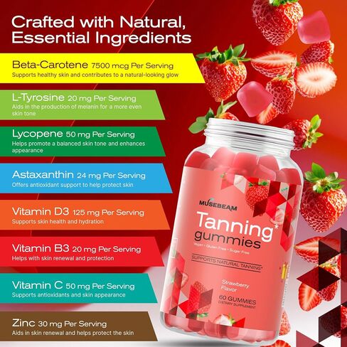 musebeam Tanning Gummies for Women - Daily Self Tan Chews that Work Fast Without Sun - Sunless Tan Skin Health Glow Up Sugar Free Vegan Oral Melanin Supplement with Beta Carotene Astaxanthin Lycopene in Saudi Arabia