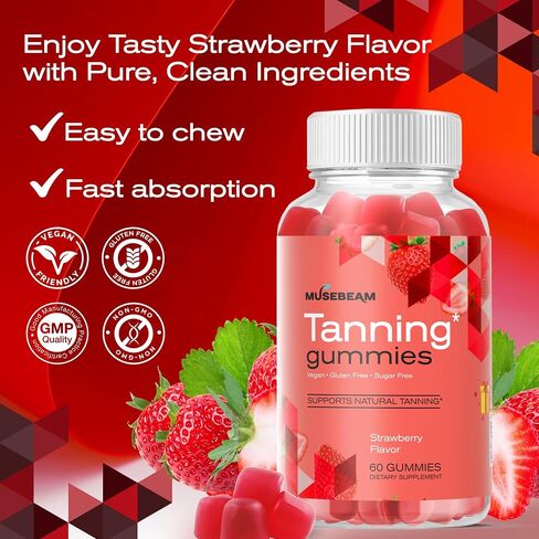 musebeam Tanning Gummies for Women - Daily Self Tan Chews that Work Fast Without Sun - Sunless Tan Skin Health Glow Up Sugar Free Vegan Oral Melanin Supplement with Beta Carotene Astaxanthin Lycopene in Saudi Arabia