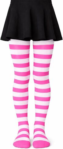 Children's Striped Tights, Neon Pink and White, Knit Nylon, Full Length, Stretchy, 40 Denier, Girls in Saudi Arabia