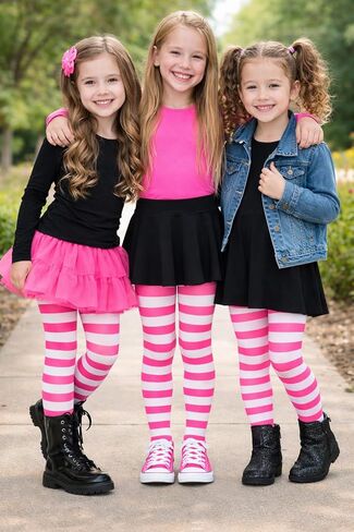 Children's Striped Tights, Neon Pink and White, Knit Nylon, Full Length, Stretchy, 40 Denier, Girls in Saudi Arabia