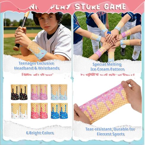 Teenager Baseball Headbands and Wristbands Set(12 Sets) 6 Colors,Elastic Sweatbands for Baseball Basketball Football Running Gym,Polyester Athletic Ice Cream Headband & Wristbands for Teens Team Gifts in Saudi Arabia