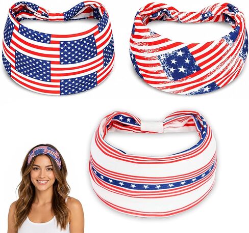 3Pcs 4th of July Headbands for Men Women American Flag Hairband USA Red White Blue Non-Slip Stretchy Sports Headbands for Running Cycling Yoga Fitness Workout in Saudi Arabia