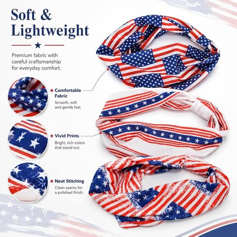 3Pcs 4th of July Headbands for Men Women American Flag Hairband USA Red White Blue Non-Slip Stretchy Sports Headbands for Running Cycling Yoga Fitness Workout in Saudi Arabia