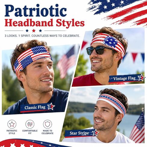 3Pcs 4th of July Headbands for Men Women American Flag Hairband USA Red White Blue Non-Slip Stretchy Sports Headbands for Running Cycling Yoga Fitness Workout in Saudi Arabia