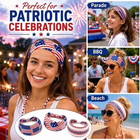 3Pcs 4th of July Headbands for Men Women American Flag Hairband USA Red White Blue Non-Slip Stretchy Sports Headbands for Running Cycling Yoga Fitness Workout in Saudi Arabia