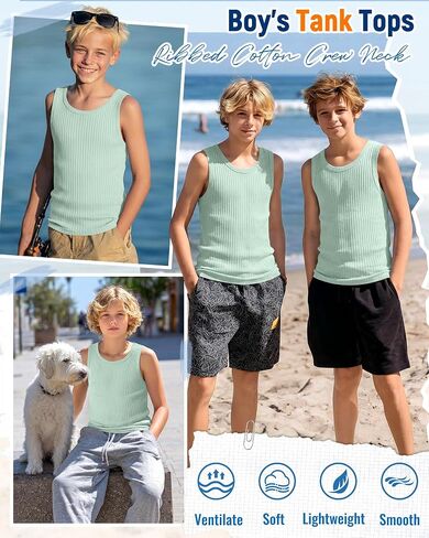 Boy's Tank Top Ribbed Sleeveless Athletic Cotton Crew Neck Basic Undershirts Casual Summer Tees for Kids 5-16 Years in Kuwait