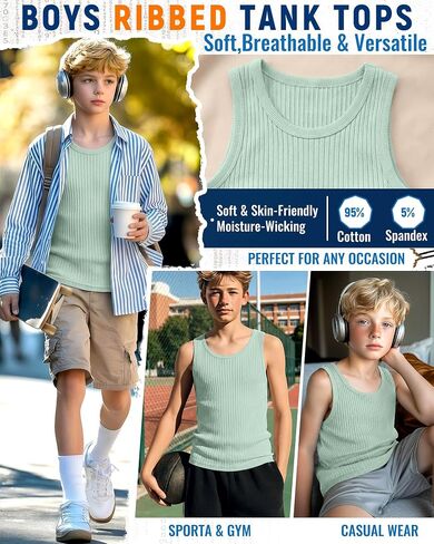 Boy's Tank Top Ribbed Sleeveless Athletic Cotton Crew Neck Basic Undershirts Casual Summer Tees for Kids 5-16 Years in Kuwait